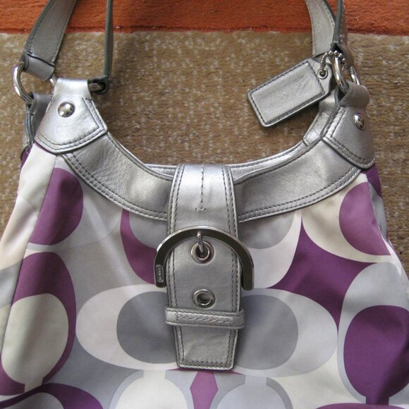 Authentic COACH Soho Satin Scarf Print Bag, Purple Silver, ##F17406 - Picture 2 of 13